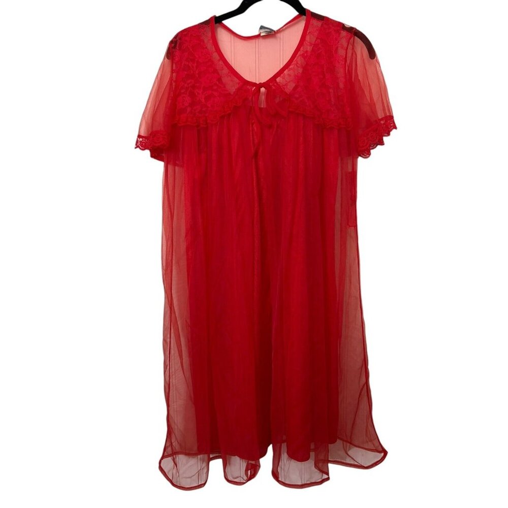 VTG Elsie of Miami Lingerie Red Sheer Lace Top Tie Peignoir Robe 1960's Sz L NWT